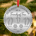 Family,Parents,Happy - First Christmas As A Family Of Four Footprints - Personalized Metal Ornament