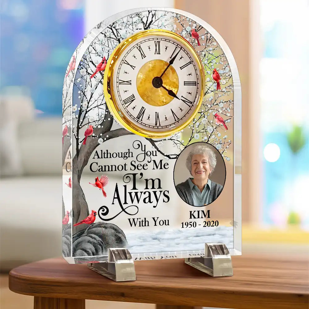 Memorial,Custom Photo,Family,Sad - Custom Photo Memorial I'm Always With You Snow Tree Cardinal - Personalized Acrylic Desk Clock
