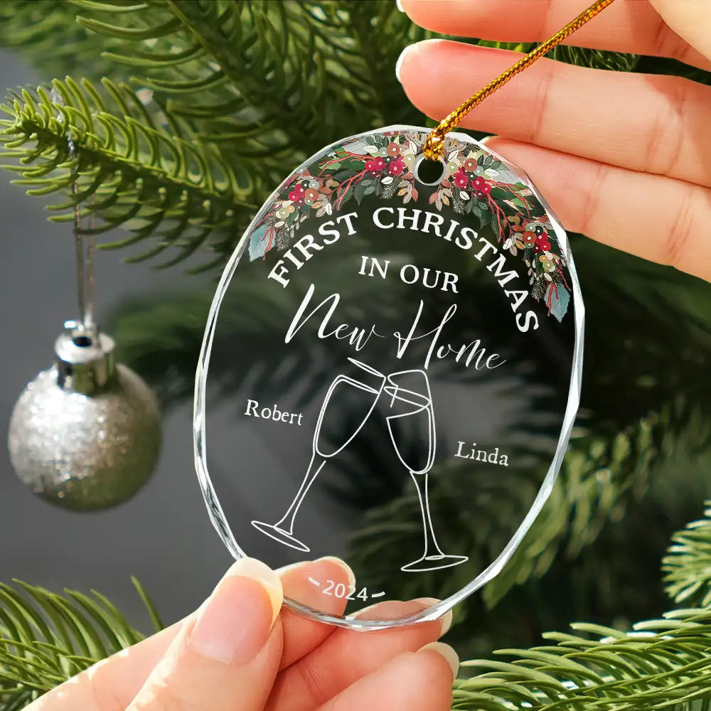 Gift For Couples, Wedding Anniversary, Married, Christmas, Love - Champagne Cheer First Christmas Couple - Personalized Oval Glass Ornament