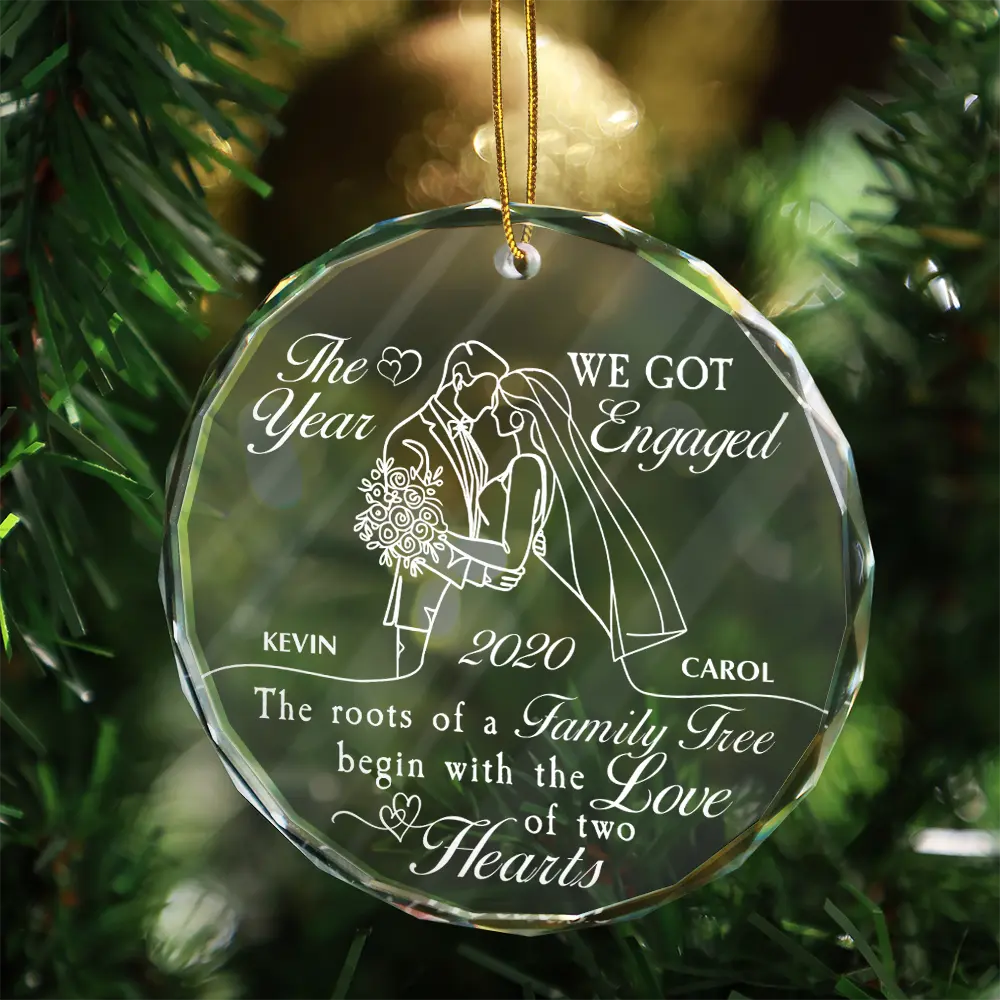 Gift For Couples,Wedding Anniversary,Married ,Christmas,Love - First Christmas Couple The Roots Of A Family Tree Begin - Personalized Circle Glass Ornament 