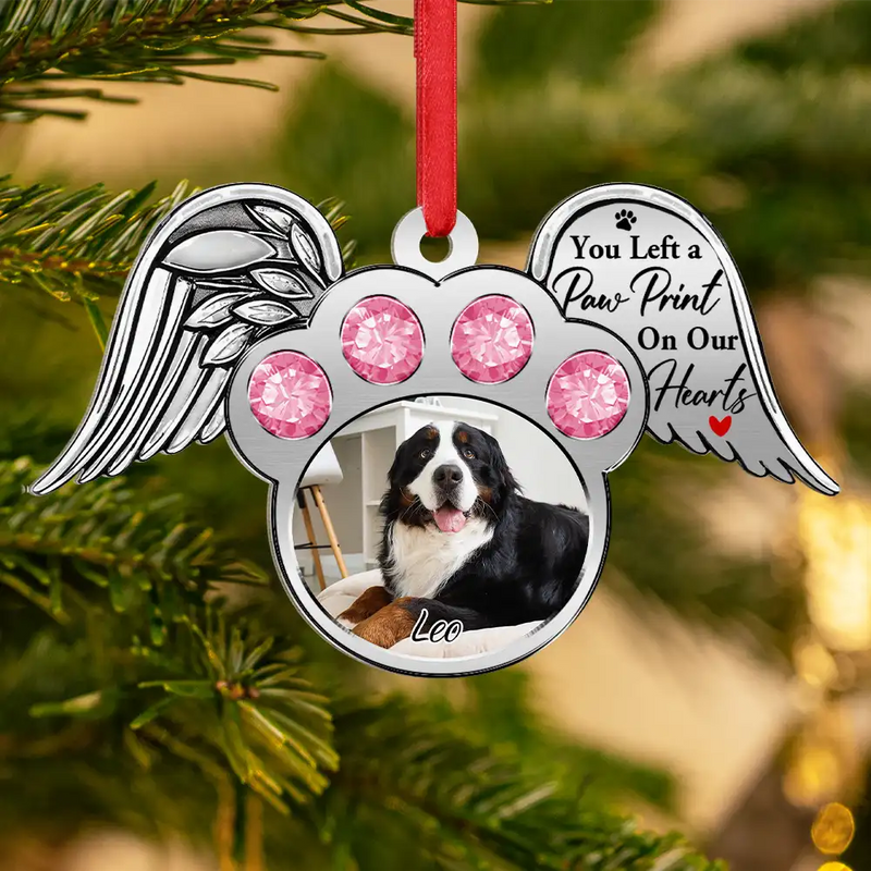 Pet Lovers,Custom Photo,Christmas,Sad - Custom Photo You Left A Paw Print On My Heart Printed Gemstones - Personalized Metal Ornament