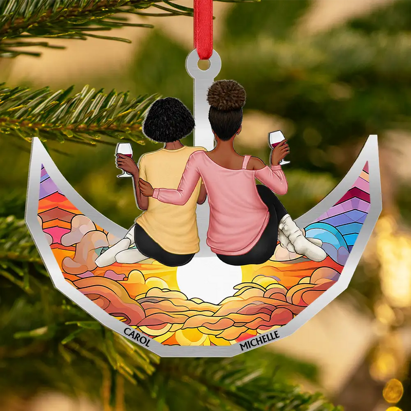 Gift For Bestie, Gift For Sisters, Love, Christmas - Besties Friends Sitting On The Moon Sister Forever - Personalized Metal Ornament