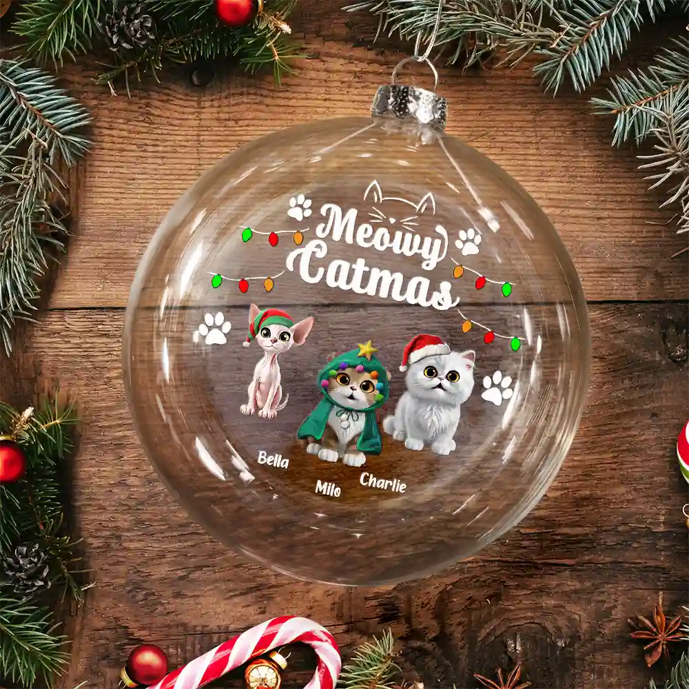 Cat Lovers, Christmas, Funny - Meowy Catmas Funny 3D Effect Cats - Personalized Clear Flat Ball Ornament