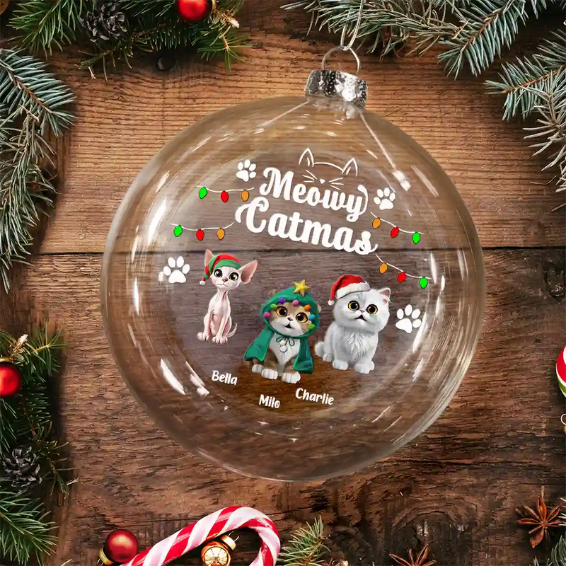 Cat Lovers, Christmas, Funny - Meowy Catmas Funny 3D Effect Cats - Personalized Clear Flat Ball Ornament