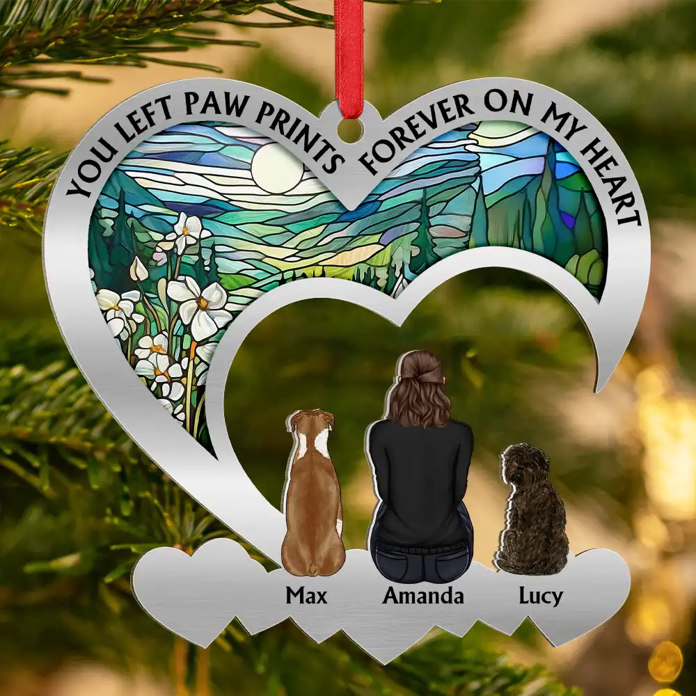 Pet Lovers,Dog Lovers,Cat Lovers,Sad,Christmas - Flower Field You Left Paw Prints Forever On My Heart - Personalized Metal Ornament