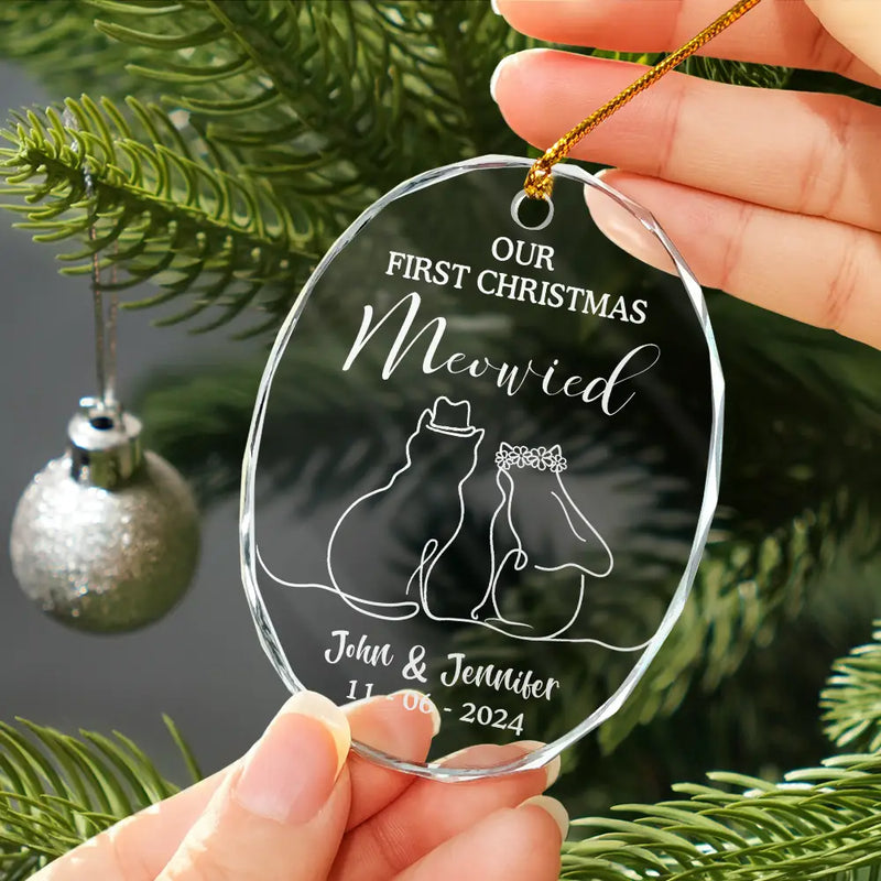 Cat Couple,Cat Lovers,Wedding Anniversary,Happy,Christmas - Our First Christmas Meowied Cat Lover Couple - Personalized Oval Glass Ornament