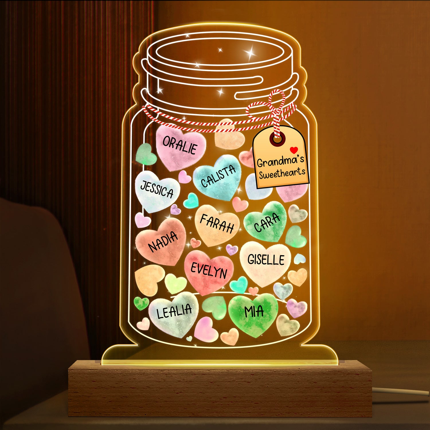Grandma's Sweetheart Jar - Gift For Grandma - Personalized Custom 3D Led Light Wooden Base
