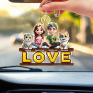 Gift For Couples,Gift For Husband,Gift For Wife,Gift For Boyfriend,Gift For Girlfriend,LGBT,Pet Lovers,Pet Couple,Dog Lovers,Dog Couple,Cat Lovers,Cat Couple,Love - 3D Couple With Dogs Cats - Personalized Acrylic Car Hanger