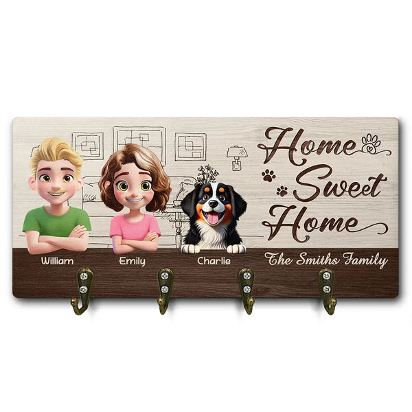 Happy, Dog Lovers, Dog Couple, Pet Couple - 3D EfFect Home Sweet Home - Personalized Wood Key Holder