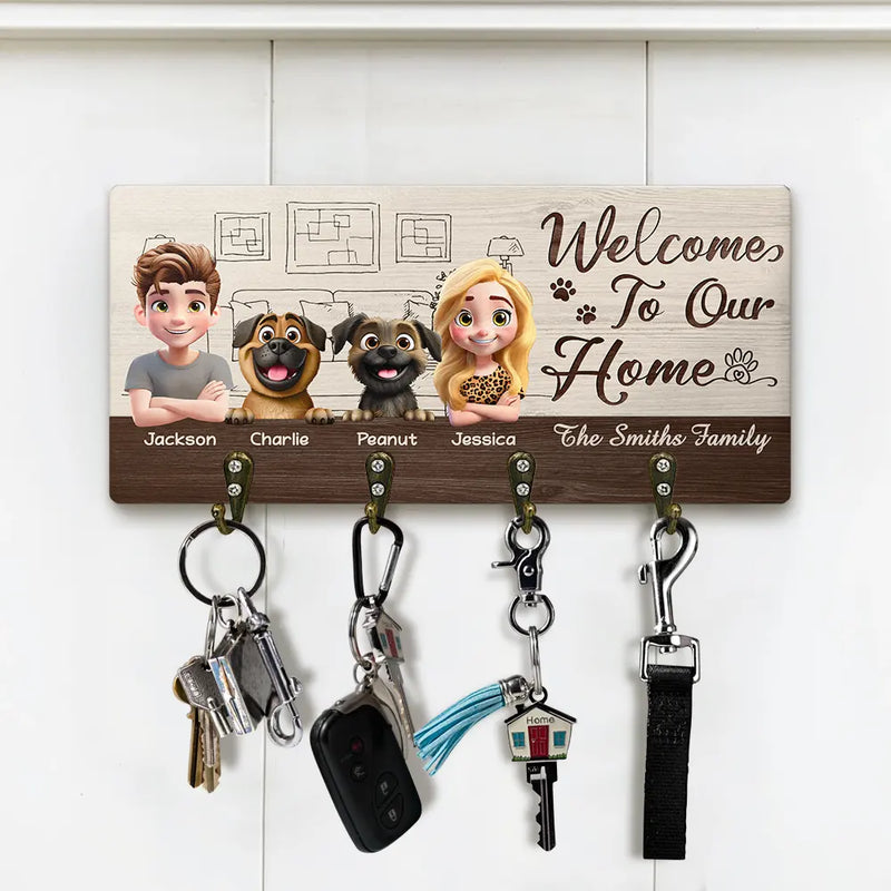 Happy, Dog Lovers, Dog Couple, Pet Couple - 3D EfFect Home Sweet Home - Personalized Wood Key Holder