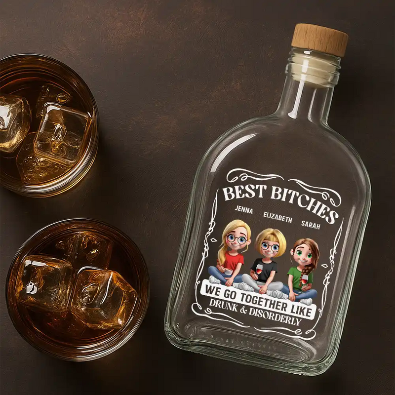 Gift For Bestie, Gift For Sisters, Funny, Gift For Women - 3D Effecct Sitting Besties We Go Together - Personalized Whiskey Bottle