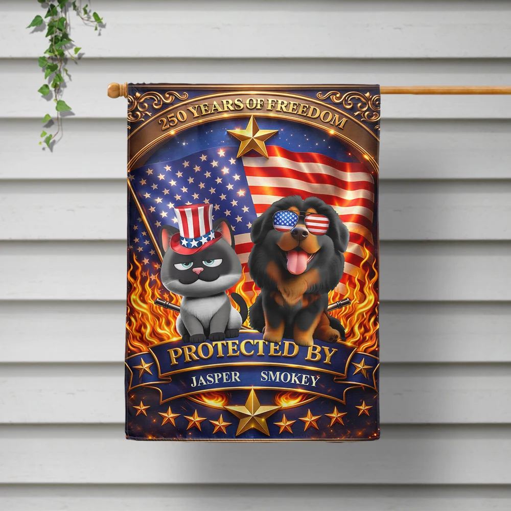 Pet Lovers,Dog Lovers,Cat Lovers,Family,Happy,Top Market,Independence Day - 3D Effect 250 Years Of Freedom Protected By Dog Cat - Personalized Flag