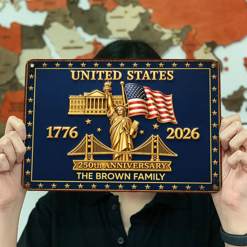 America 250th, Independence Day, Family, Proud, Custom Text - 3D Effect 250th Anniversary - Personalized Classic Metal Signs