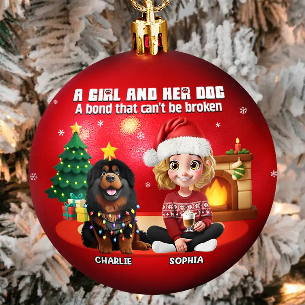 3D Effect A Girl And Her Dog - Personalized Ball Ornament