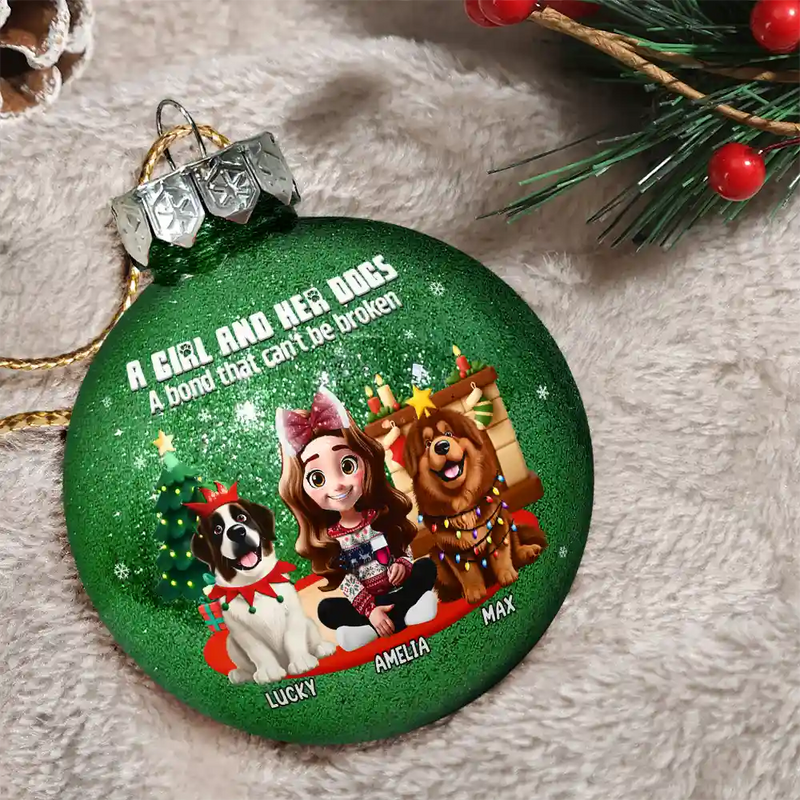 Pet Lovers,Pet Mom,Pet Dad,Dog Lovers,Dog Mom,Dog Dad,Christmas,Happy - 3D Effect A Girl And Her Dog - Personalized Ball Ornament