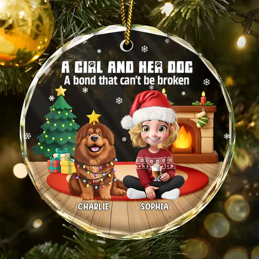 3D Effect A Girl And Her Dog - Personalized Circle Glass Ornament