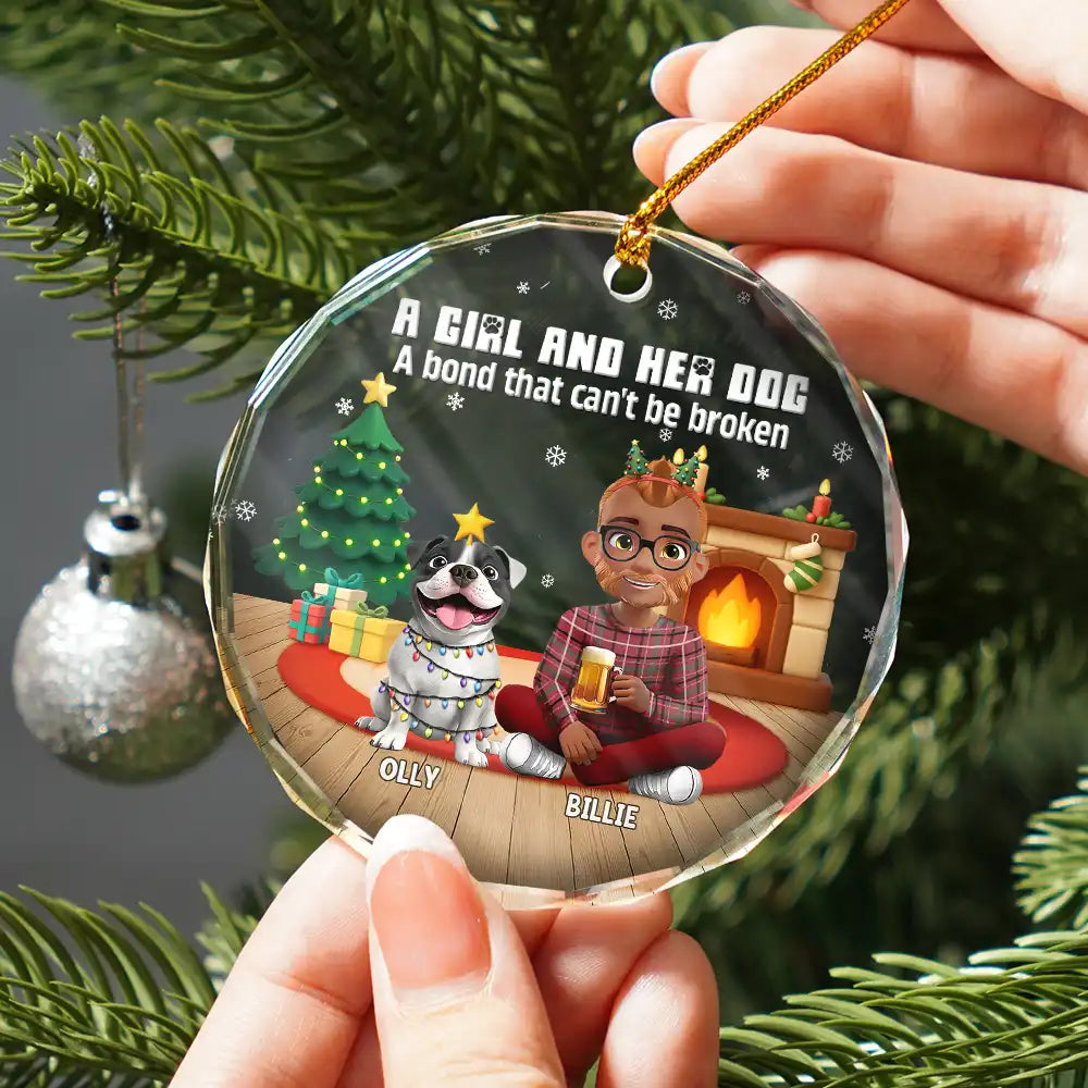 Pet Lovers,Pet Mom,Pet Dad,Dog Lovers,Dog Mom,Dog Dad,Christmas,Happy - 3D Effect A Girl And Her Dog - Personalized Circle Glass Ornament