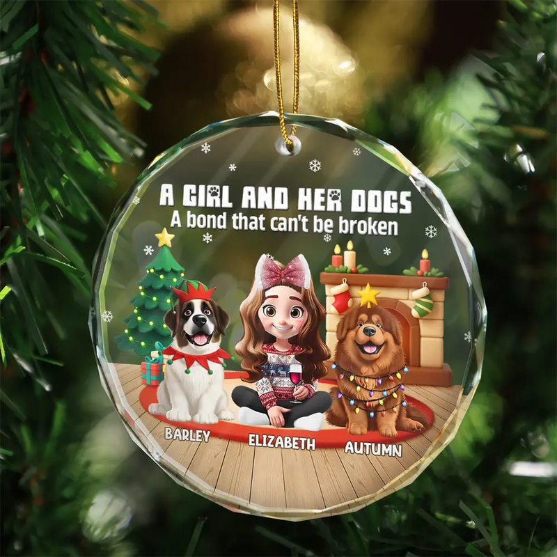 Pet Lovers,Pet Mom,Pet Dad,Dog Lovers,Dog Mom,Dog Dad,Christmas,Happy - 3D Effect A Girl And Her Dog - Personalized Circle Glass Ornament