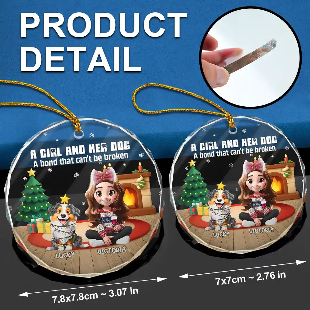Pet Lovers,Pet Mom,Pet Dad,Dog Lovers,Dog Mom,Dog Dad,Christmas,Happy - 3D Effect A Girl And Her Dog - Personalized Circle Glass Ornament