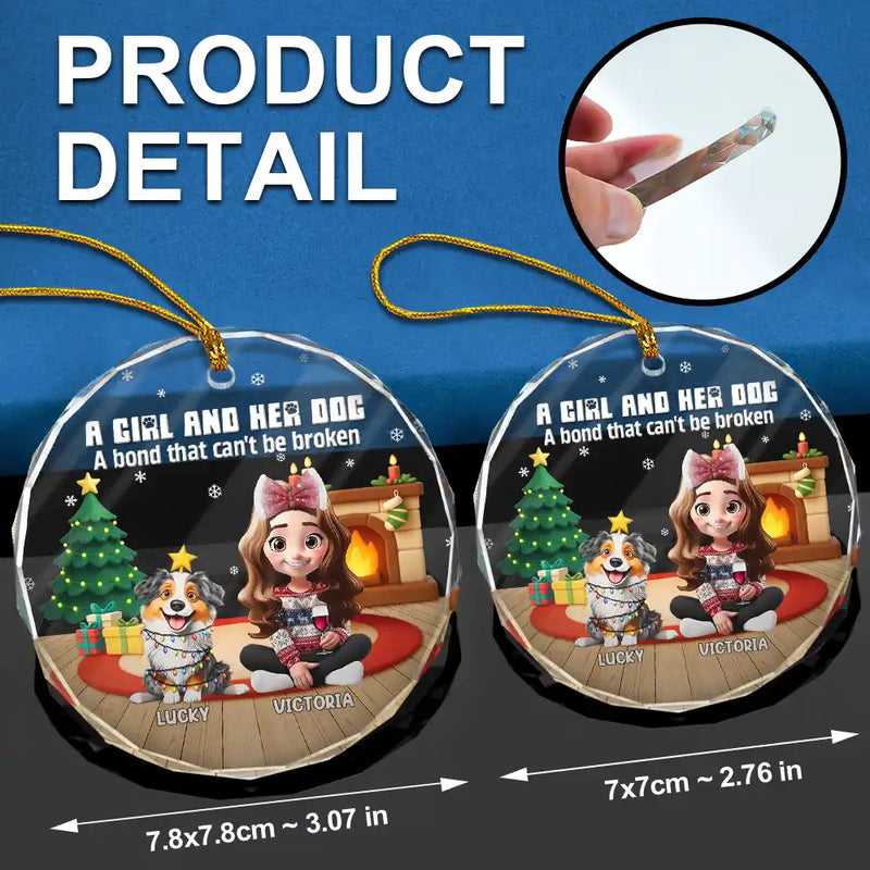Pet Lovers,Pet Mom,Pet Dad,Dog Lovers,Dog Mom,Dog Dad,Christmas,Happy - 3D Effect A Girl And Her Dog - Personalized Circle Glass Ornament