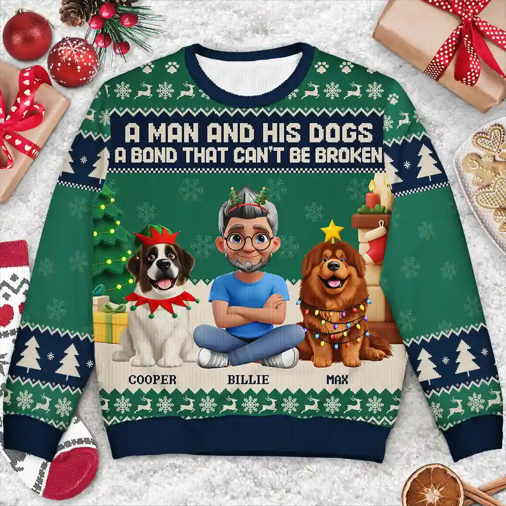 Christmas, Top Market, Pet Lovers, Pet Mom, Pet Dad, Dog Lovers, Dog Mom, Dog Dad, Happy - 3D Effect A Man And His Dog A Bond That Can't Be Broken - Personalized Unisex Ugly Sweater