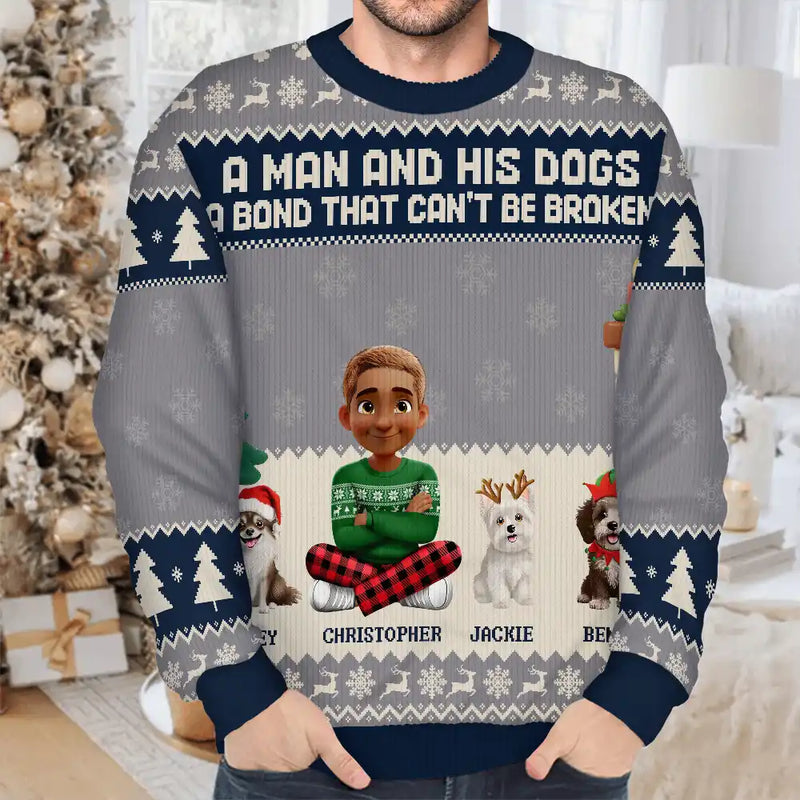 Christmas, Top Market, Pet Lovers, Pet Mom, Pet Dad, Dog Lovers, Dog Mom, Dog Dad, Happy - 3D Effect A Man And His Dog A Bond That Can't Be Broken - Personalized Unisex Ugly Sweater