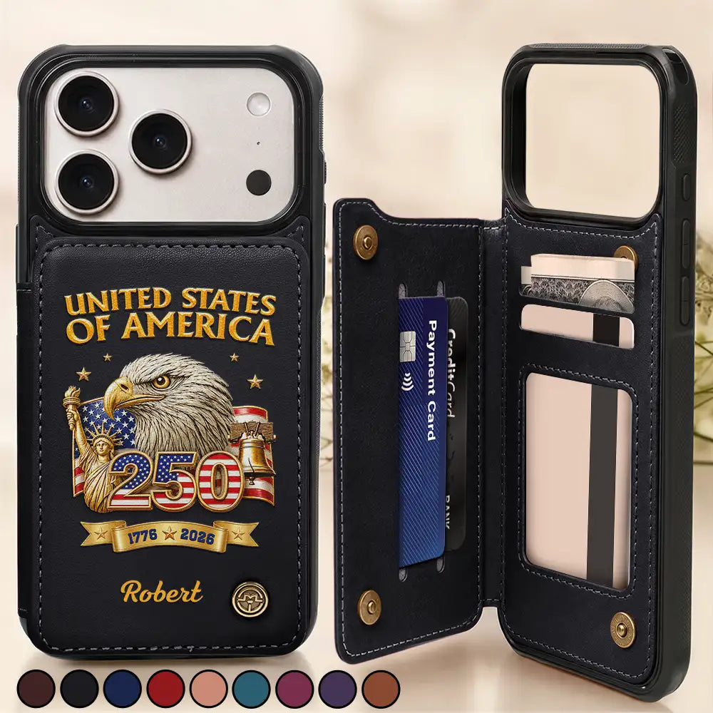 America 250th,Independence Day,Gift For Yourself,Proud,Custom Text - 3D Effect America 250th Anniversary - Personalized Leather Flip Wallet Phone Case