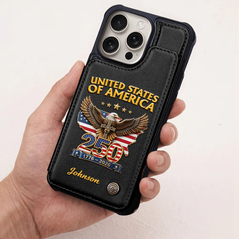America 250th,Independence Day,Gift For Yourself,Proud,Custom Text - 3D Effect America 250th Anniversary - Personalized Leather Flip Wallet Phone Case