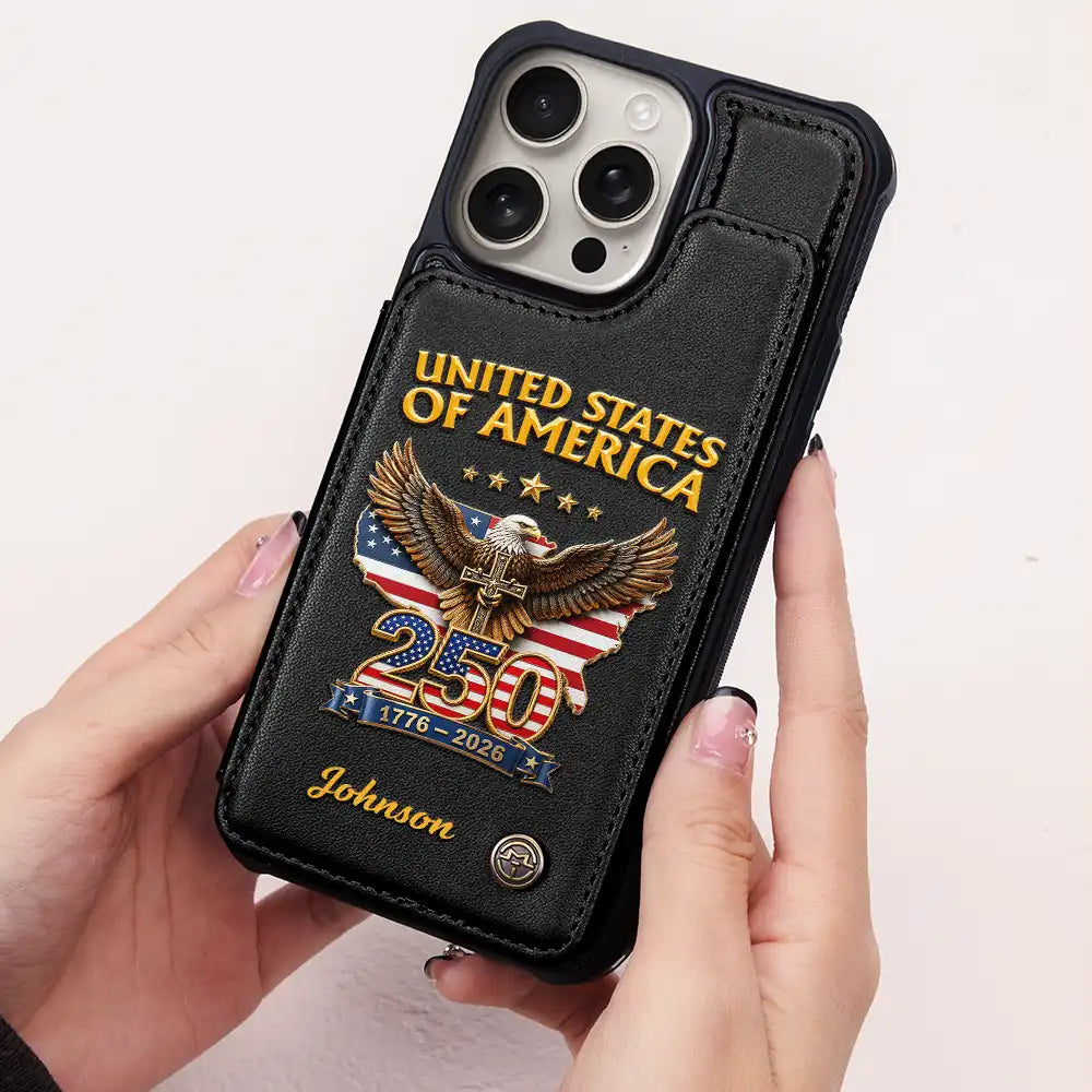 America 250th,Independence Day,Gift For Yourself,Proud,Custom Text - 3D Effect America 250th Anniversary - Personalized Leather Flip Wallet Phone Case