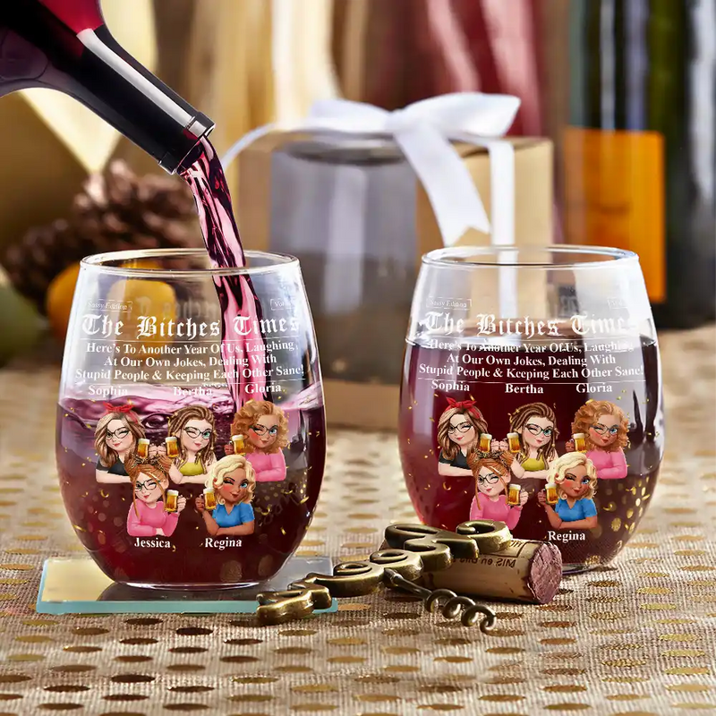 Gift For Bestie,Old Best friends,Gift For Sisters,Happy - 3D Effect Besties Here's To Another Year Of Us - Personalized Stemless Wine Glass