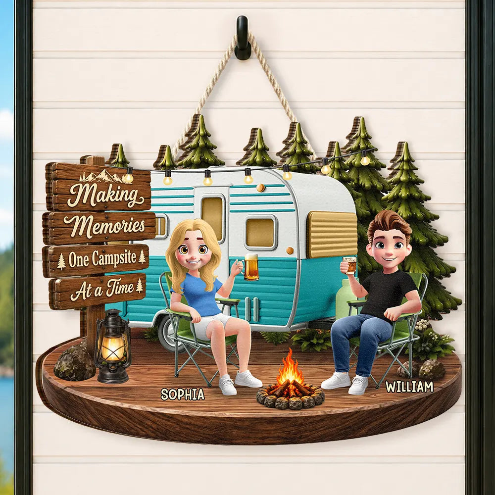 Top Market, Camping, Summer, Gift For Couples, Vector, Happy - 3D Effect Camping Couple Making Memories One Campsite At A Time - Personalized Custom Shaped Wood Sign