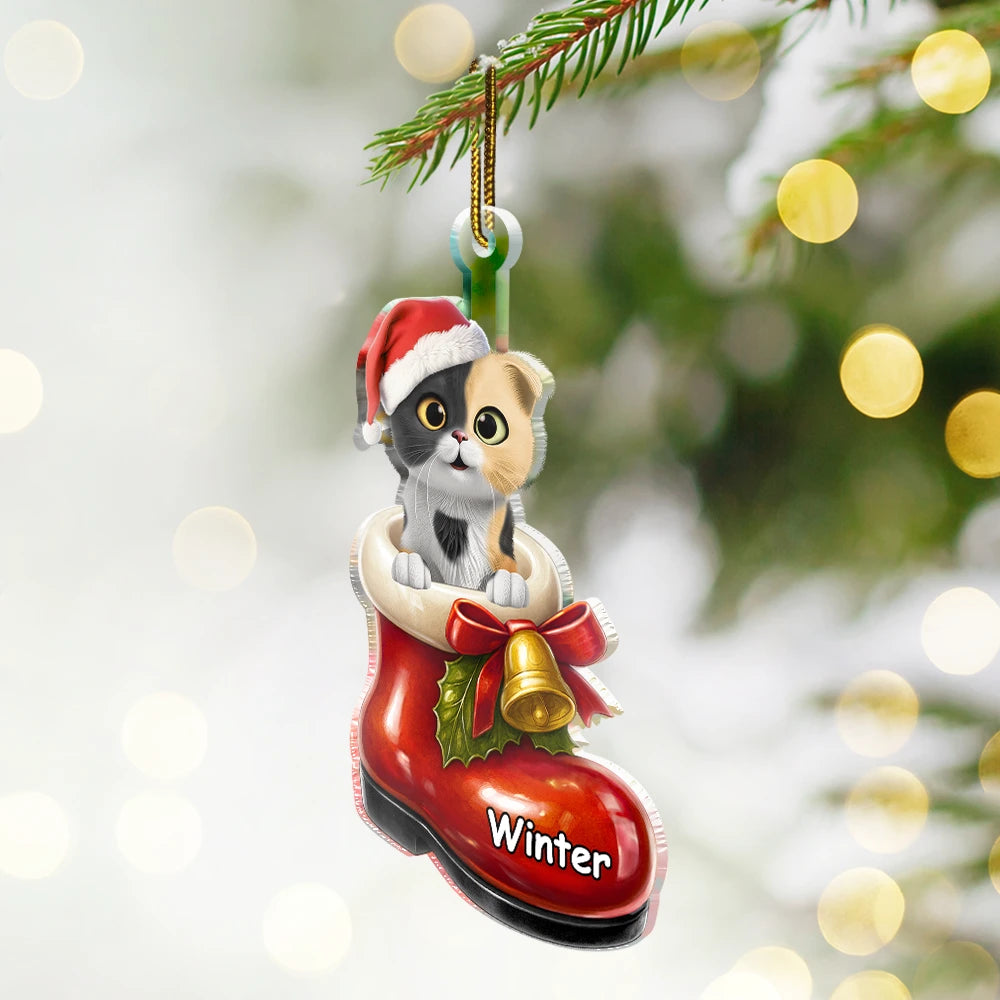 Pet Lovers,Pet Mom,Pet Dad,Cat Lovers,Cat Mom,Cat Dad,Dog Lovers,Dog Mom,Dog Dad,Happy,Christmas - 3D Effect Christmas Dog In The Boot - Personalized Custom Shaped Acrylic Ornament