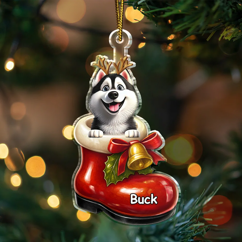 Pet Lovers,Pet Mom,Pet Dad,Cat Lovers,Cat Mom,Cat Dad,Dog Lovers,Dog Mom,Dog Dad,Happy,Christmas - 3D Effect Christmas Dog In The Boot - Personalized Custom Shaped Acrylic Ornament