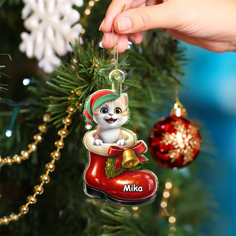 Pet Lovers,Pet Mom,Pet Dad,Cat Lovers,Cat Mom,Cat Dad,Dog Lovers,Dog Mom,Dog Dad,Happy,Christmas - 3D Effect Christmas Dog In The Boot - Personalized Custom Shaped Acrylic Ornament