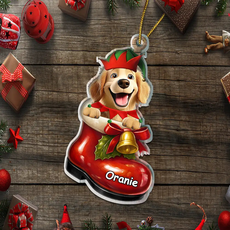 Pet Lovers,Pet Mom,Pet Dad,Cat Lovers,Cat Mom,Cat Dad,Dog Lovers,Dog Mom,Dog Dad,Happy,Christmas - 3D Effect Christmas Dog In The Boot - Personalized Custom Shaped Acrylic Ornament
