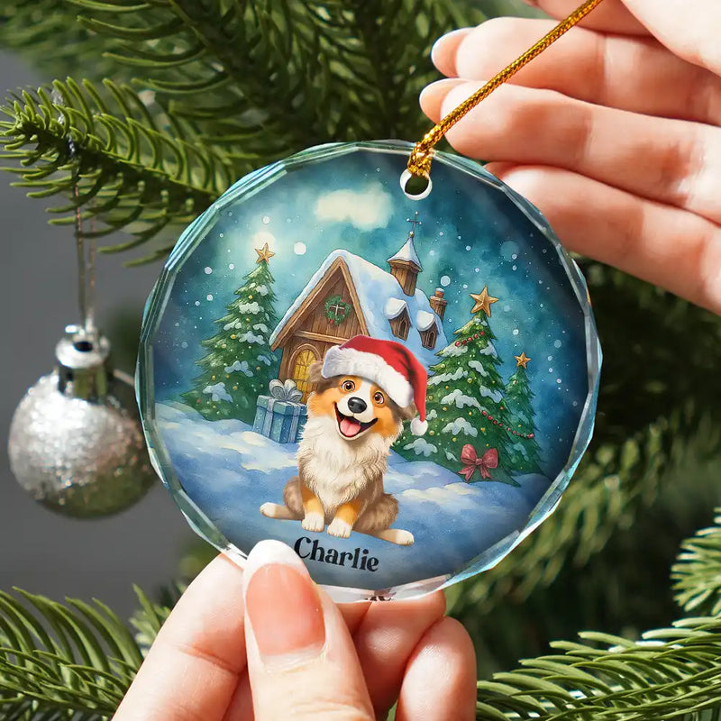 Christmas, Pet Lovers, Pet Mom, Pet Dad, Dog Lovers, Dog Mom, Dog Dad, Happy - 3D Effect Christmas Dog Merry Woofmas - Personalized Circle Glass Ornament