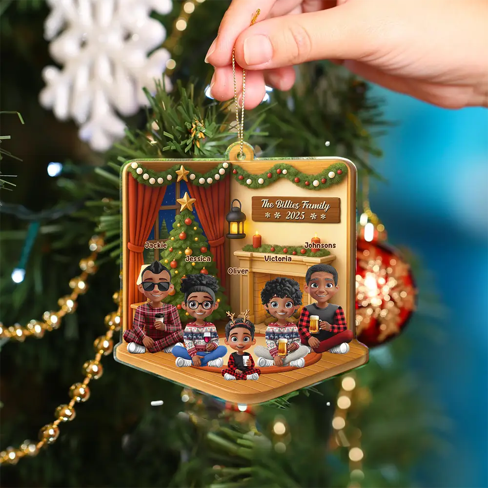 Gift For Couples,Gift For Husband,Gift For Wife,Pet Lovers,Pet Couple,Dog Lovers,Dog Couple,Christmas,Happy,Non-Eng - 3D Effect Christmas Family - Personalized Custom Shaped Acrylic Ornament