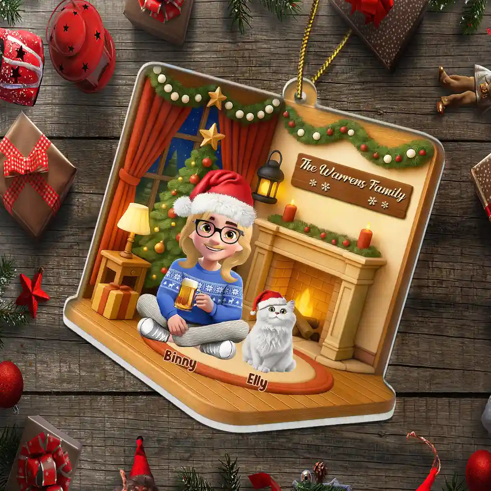 Gift For Couples,Gift For Husband,Gift For Wife,Pet Lovers,Pet Couple,Dog Lovers,Dog Couple,Christmas,Happy,Non-Eng - 3D Effect Christmas Family - Personalized Custom Shaped Acrylic Ornament
