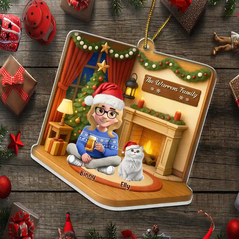 Gift For Couples,Gift For Husband,Gift For Wife,Pet Lovers,Pet Couple,Dog Lovers,Dog Couple,Christmas,Happy,Non-Eng - 3D Effect Christmas Family - Personalized Custom Shaped Acrylic Ornament