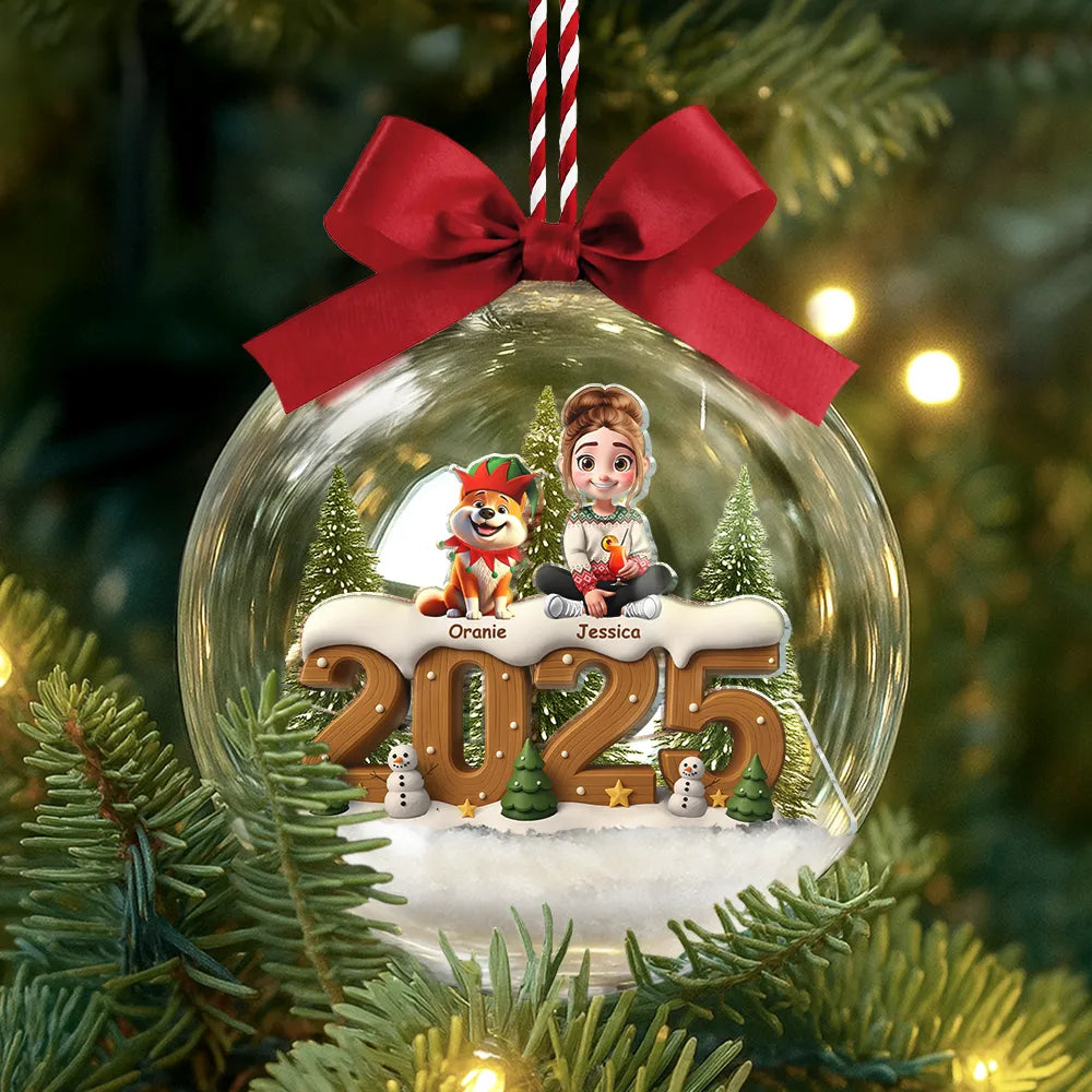 Family,Gift For Couples,Dog Couple,Cat Couple,Pet Couple,Old Couples,LGBT,Single Mom,Single Dad,Happy - 3D Effect Christmas Family And Dog Cat - Personalized 3D Acrylic Ball Ornament