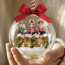 Family,Gift For Couples,Dog Couple,Cat Couple,Pet Couple,Old Couples,LGBT,Single Mom,Single Dad,Happy - 3D Effect Christmas Family And Dog Cat - Personalized 3D Acrylic Ball Ornament