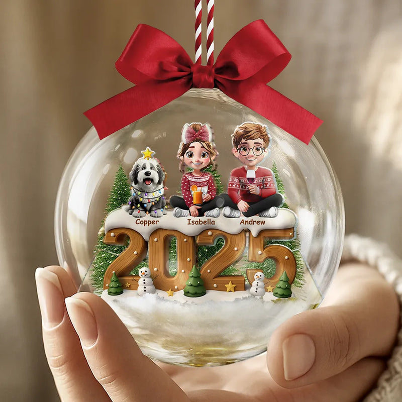 Family,Gift For Couples,Dog Couple,Cat Couple,Pet Couple,Old Couples,LGBT,Single Mom,Single Dad,Happy - 3D Effect Christmas Family And Dog Cat - Personalized 3D Acrylic Ball Ornament