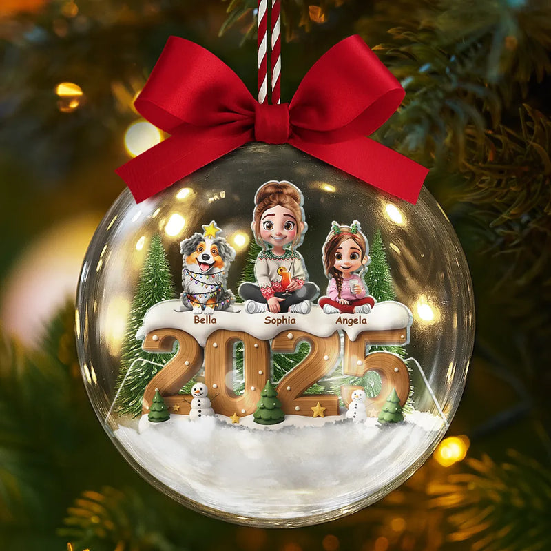 Family,Gift For Couples,Dog Couple,Cat Couple,Pet Couple,Old Couples,LGBT,Single Mom,Single Dad,Happy - 3D Effect Christmas Family And Dog Cat - Personalized 3D Acrylic Ball Ornament