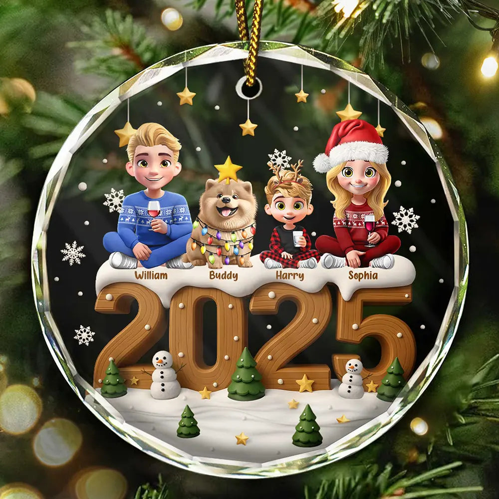 3D Effect Christmas Family And Dog Cat - Personalized Circle Glass Ornament