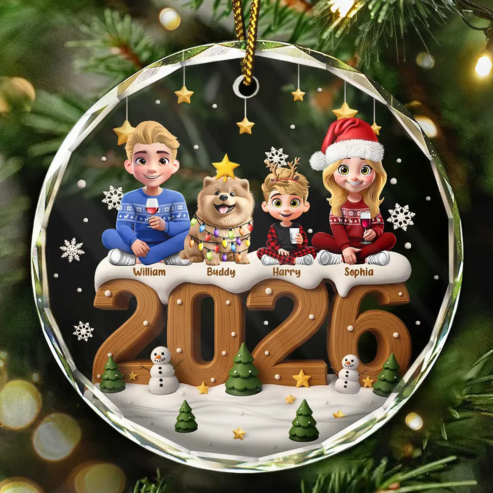 3D Effect Christmas Family And Dog Cat - Personalized Circle Glass Ornament