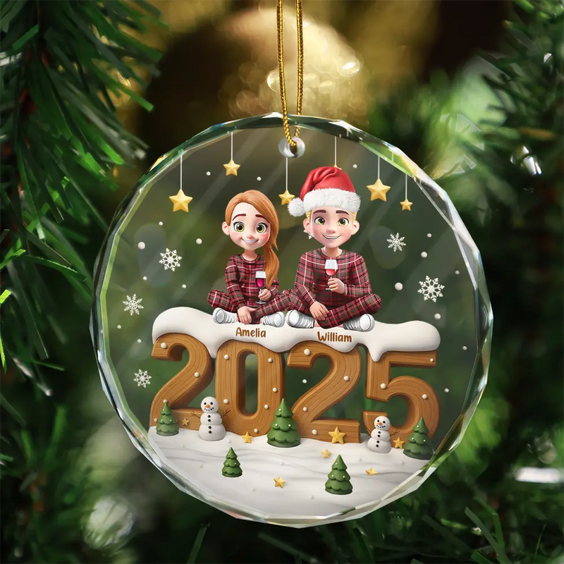 3D Effect Christmas Family And Dog Cat - Personalized Circle Glass Ornament