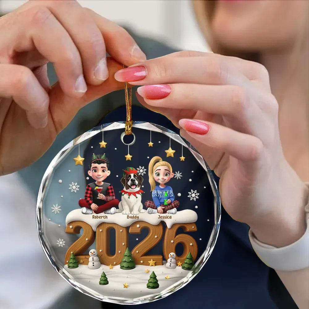 3D Effect Christmas Family And Dog Cat - Personalized Circle Glass Ornament