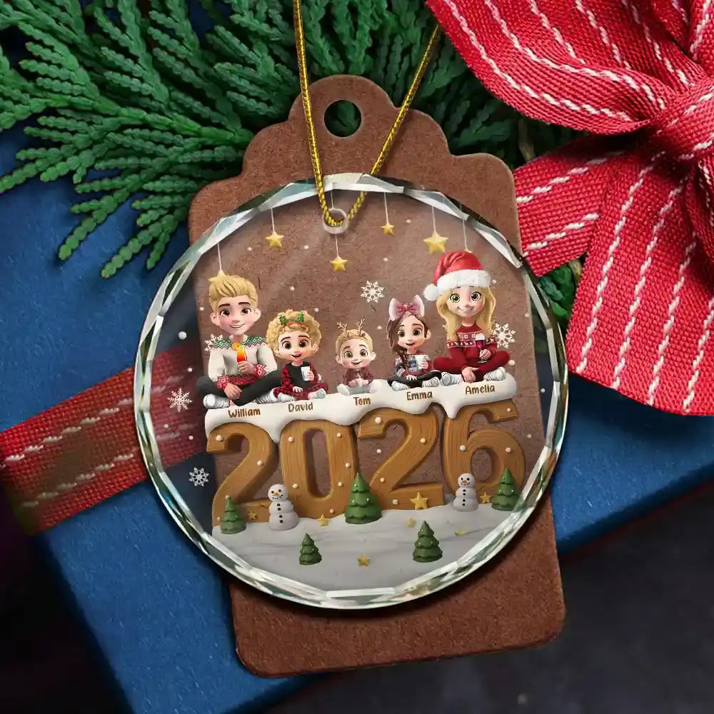 3D Effect Christmas Family And Dog Cat - Personalized Circle Glass Ornament