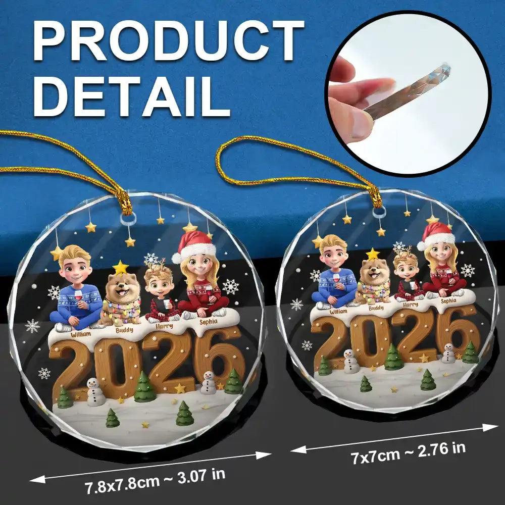 3D Effect Christmas Family And Dog Cat - Personalized Circle Glass Ornament