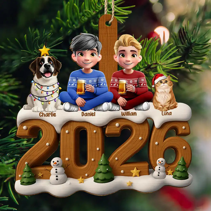 3D Effect Christmas Family And Dog Cat - Personalized Custom Shaped Wooden Ornament